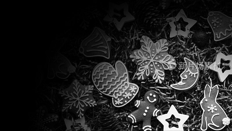 Christmas Cookies. Handmade Gift. Ney Year Concept. Top View. Panoramic Photo. Black and white